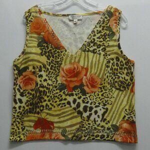 St. John Sport Animal & Floral Print Knit V-Neck Sleeveless Versatile Top Size L